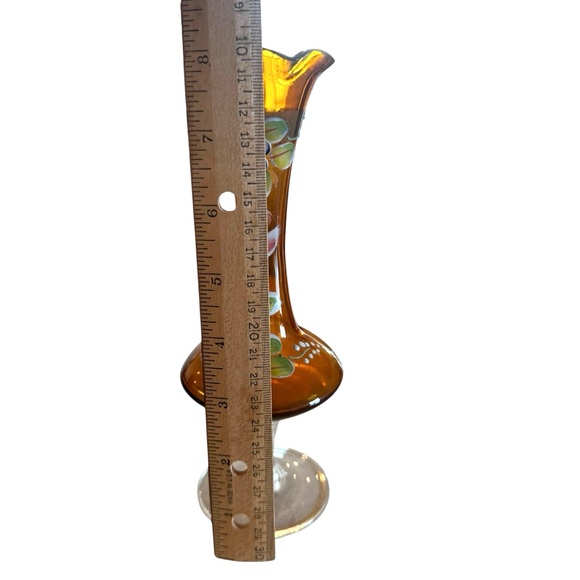 Bohemian Amber Czech Glass Bud Vase 8" Enamel Floral Decoration Hand Painted - Picture 5 of 7